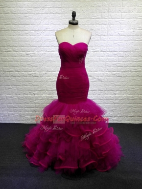 Beautiful Mermaid Sleeveless Fuchsia Homecoming Dress Brush Train Lace Up