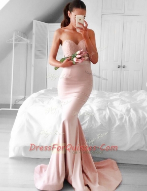 Mermaid Pink Zipper Prom Dress Lace and Sashes ribbons Sleeveless With Brush Train