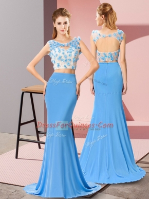 Scoop Sleeveless Prom Dresses Brush Train Beading and Hand Made Flower Baby Blue Chiffon