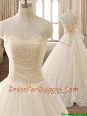 See Through High Neck Champagne Quinceanera Dress with Beading and Appliques