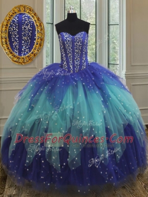 Hot Selling Sweetheart Sleeveless Lace Up Sweet 16 Dress Royal Blue and Aqua Blue Tulle