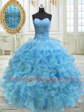 Pretty Sweetheart Sleeveless Quinceanera Gowns Floor Length Beading and Ruffles Baby Blue Organza