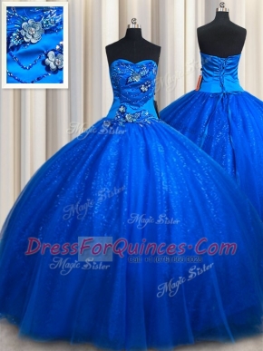 Extravagant Royal Blue Tulle Lace Up Quinceanera Dresses Sleeveless Floor Length Beading and Appliques