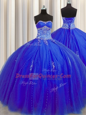 Glamorous Puffy Skirt Royal Blue Tulle Lace Up Ball Gown Prom Dress Sleeveless Floor Length Beading and Appliques