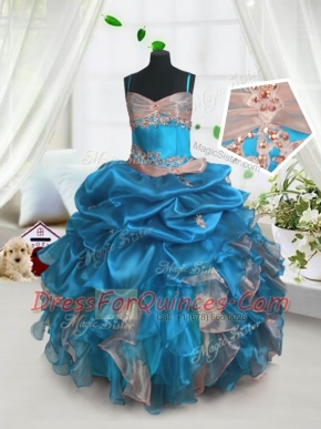 New Style Pick Ups Floor Length Ball Gowns Sleeveless Baby Blue Kids Pageant Dress Lace Up