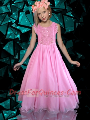 Rose Pink Scoop Backless Little Gril Pageant Dress with Appliques Hand Made Flowers