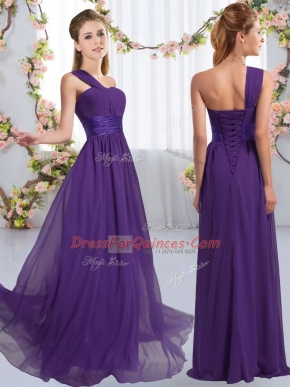 Nice Purple Empire One Shoulder Sleeveless Chiffon Floor Length Lace Up Ruching Quinceanera Court Dresses