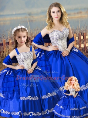 Superior Royal Blue Ball Gowns Satin Sweetheart Sleeveless Beading and Embroidery Floor Length Lace Up Quince Ball Gowns