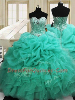 Apple Green Organza Lace Up 15 Quinceanera Dress Sleeveless Floor Length Beading and Pick Ups