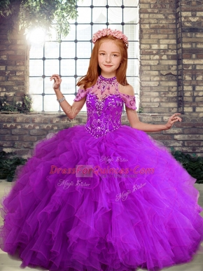 Tulle Sleeveless Floor Length Kids Formal Wear and Beading and Ruffles