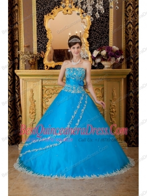 Popular Ball Gown Strapless Floor-length Tulle Lace Appliques Teal Quinceanera Dress