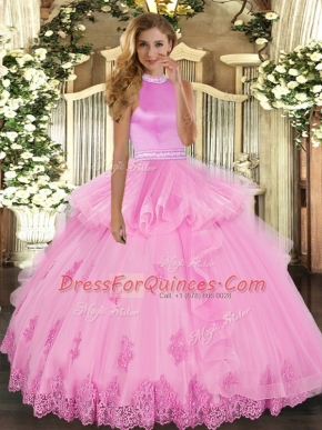 Rose Pink Ball Gowns Halter Top Sleeveless Tulle Floor Length Backless Beading and Ruffles 15 Quinceanera Dress