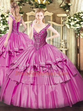 Dazzling V-neck Sleeveless Quinceanera Dress Floor Length Beading and Ruffled Layers Lilac Organza and Taffeta