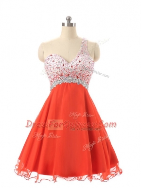 Fantastic Orange Red Backless Prom Evening Gown Beading Sleeveless Mini Length