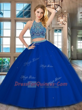 Superior Scoop Sleeveless Backless 15th Birthday Dress Royal Blue Tulle
