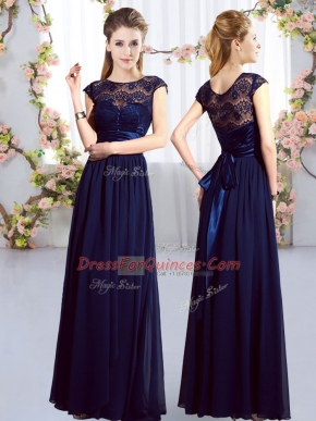 Cap Sleeves Zipper Floor Length Lace and Belt Dama Dress