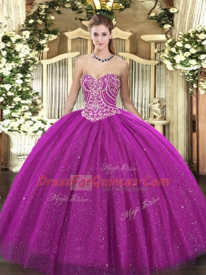 Fuchsia Sweetheart Lace Up Beading Quinceanera Gowns Sleeveless