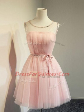 Scoop Long Sleeves Lace Up Quinceanera Court of Honor Dress Baby Pink Tulle