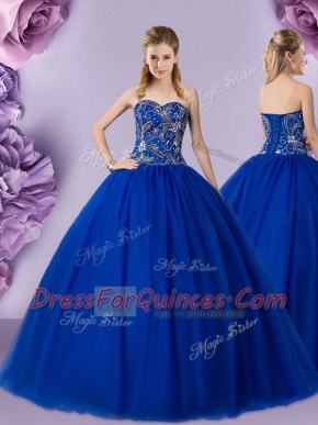 Sweetheart Sleeveless Sweet 16 Dress Floor Length Beading Royal Blue Tulle