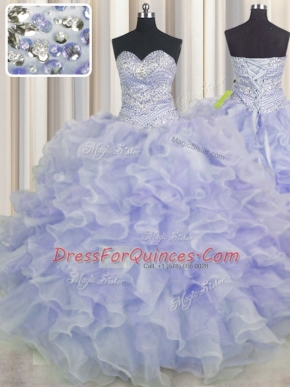 Floor Length Purple 15th Birthday Dress Organza Sleeveless Beading and Ruffles
