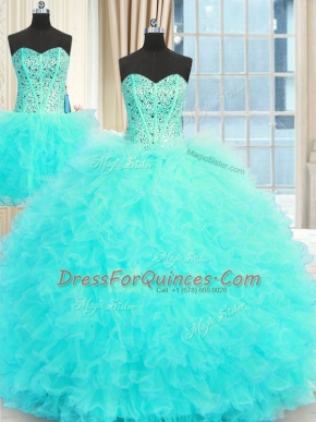Amazing Three Piece Tulle Strapless Sleeveless Lace Up Beading and Ruffles Vestidos de Quinceanera in Aqua Blue
