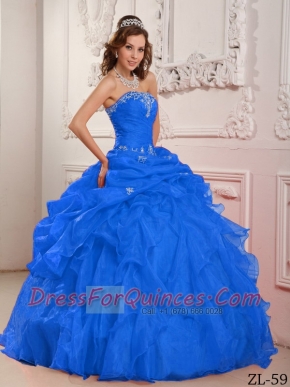 2014 Blue Ball Gown Beading Strapless Floor-length Organza Cheap Quinceanera Dresses