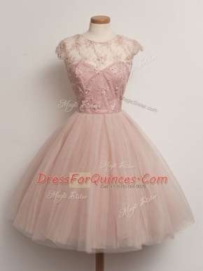 Sumptuous Tulle Cap Sleeves Knee Length Vestidos de Damas and Lace