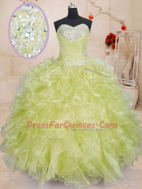 Floor Length Lace Up Quinceanera Gown Yellow Green for Military Ball and Sweet 16 and Quinceanera with Beading and Ruffles
