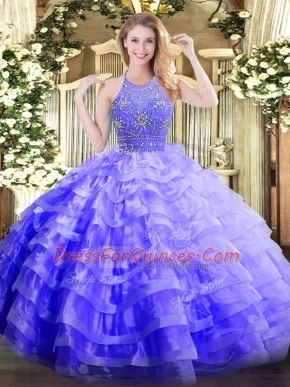 Eye-catching Organza Halter Top Sleeveless Zipper Beading and Ruffled Layers Sweet 16 Dresses in Lavender