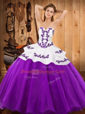 Floor Length Lace Up Quinceanera Dress Eggplant Purple for Military Ball and Sweet 16 and Quinceanera with Embroidery