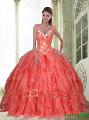 2015 Classical  Beading and Ruffles Coral Red Sweet Sixteen Dresses with Sweetheart