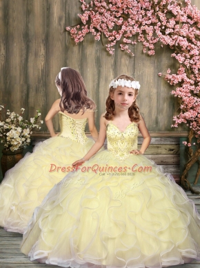 Elegant Tulle Spaghetti Straps Sleeveless Lace Up Beading and Ruffles Little Girls Pageant Gowns in Light Yellow