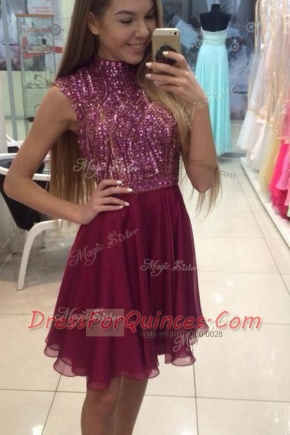 Halter Top Knee Length Fuchsia Homecoming Dress Chiffon Sleeveless Beading
