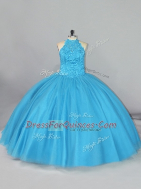 Halter Top Sleeveless Brush Train Lace Up 15th Birthday Dress Aqua Blue Tulle