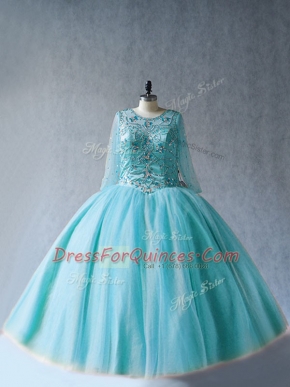 Long Sleeves Tulle Floor Length Lace Up Vestidos de Quinceanera in Aqua Blue with Beading