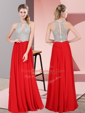 Top Selling Floor Length Red Prom Evening Gown Scoop Sleeveless Zipper