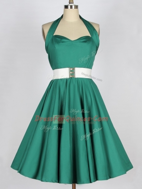 Belt Quinceanera Court of Honor Dress Dark Green Lace Up Sleeveless Knee Length