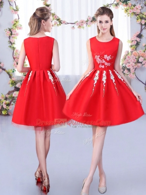 Delicate Red A-line Satin and Tulle Scoop Sleeveless Appliques Knee Length Zipper Quinceanera Dama Dress