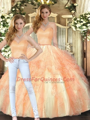 Modern Two Pieces Quince Ball Gowns Orange Sweetheart Organza Sleeveless Floor Length Lace Up