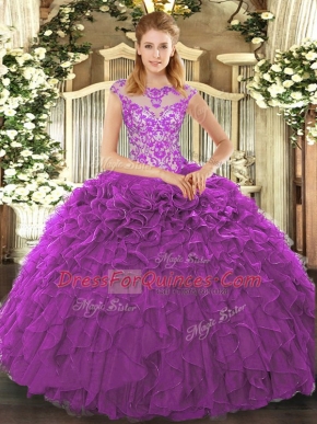 Eggplant Purple Cap Sleeves Floor Length Beading and Appliques and Ruffles Lace Up Quinceanera Dress