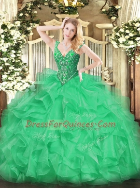 Green Ball Gown Prom Dress Military Ball and Sweet 16 and Quinceanera with Beading and Ruffles V-neck Sleeveless Lace Up