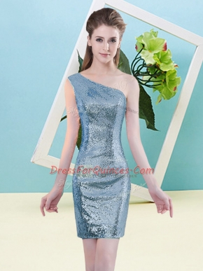 Fitting Baby Blue Column/Sheath One Shoulder Sleeveless Sequined Mini Length Zipper Sequins Prom Evening Gown