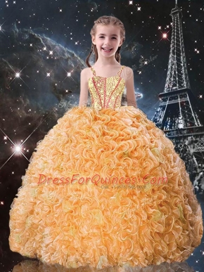Fashionable Organza Straps Sleeveless Lace Up Beading and Ruffles Kids Pageant Dress in Gold