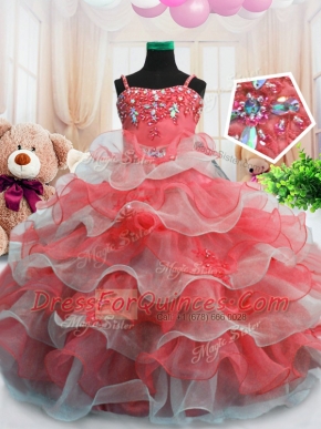 Floor Length Red Flower Girl Dress Organza Sleeveless Beading and Ruffled Layers