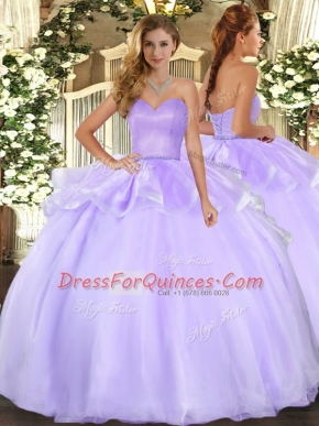 Lavender 15 Quinceanera Dress Military Ball and Sweet 16 and Quinceanera with Beading and Ruffles Sweetheart Sleeveless Lace Up