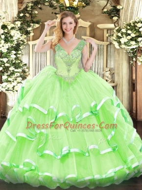 Lace Up V-neck Beading and Ruffled Layers Sweet 16 Quinceanera Dress Organza Sleeveless