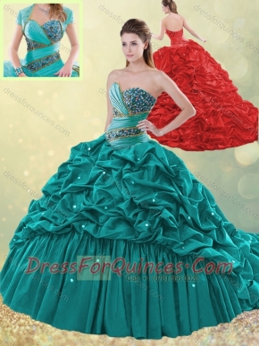 Luxurious Brush Train Taffeta Bubble Sweet 16 Dress in Turquoise