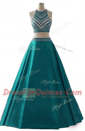 Edgy Scoop Sleeveless Floor Length Beading Zipper Dress for Prom with Dark Green