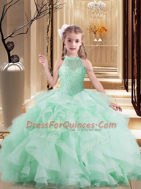 Apple Green Sleeveless Floor Length Beading and Ruffles Lace Up Little Girls Pageant Dress