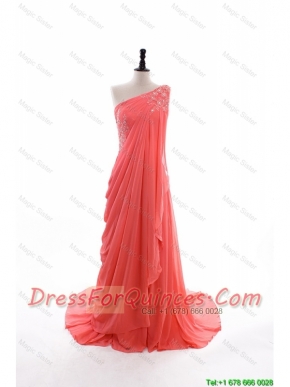 Cheap 2016 Fall Empire One Shoulder Brush Train Prom Dresses in Watermelon